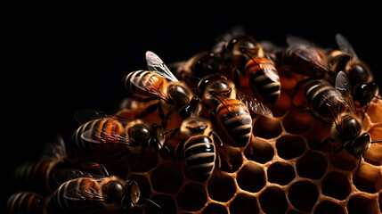 Macro shot of bees in a hive. Created with Generative AI
