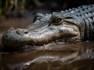 Obraz premium close shot of crocodile in the water in the jungle. Generated by AI