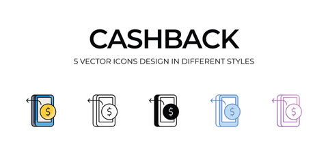 Cashback Icon Design in Five style with Editable Stroke. Line, Solid, Flat Line, Duo Tone Color, and Color Gradient Line. Suitable for Web Page, Mobile App, UI, UX and GUI design.