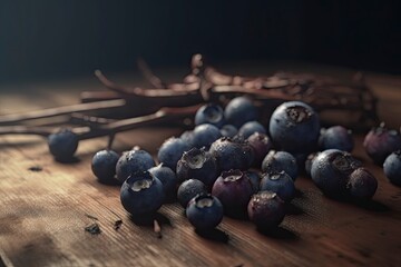 Rotten blueberries on a wooden table. Dim studio light. Generate AI.