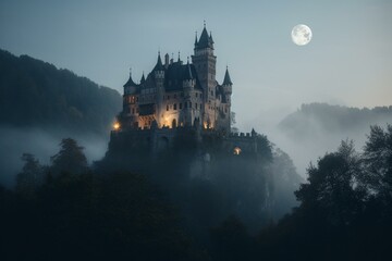 A misty castle with a glowing full moon overhead. Generative AI