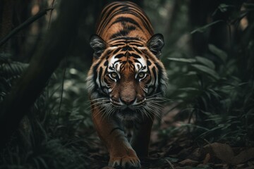 Fototapeta na wymiar A famished tiger prowls in search of prey. Generative AI