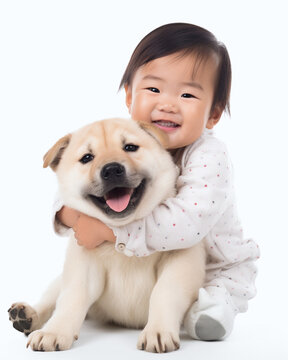 Toddler and Furry Friend Embrace Each Other. Isolated on White Background