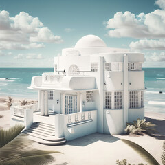 white art deco villa by the ocean Generative AI