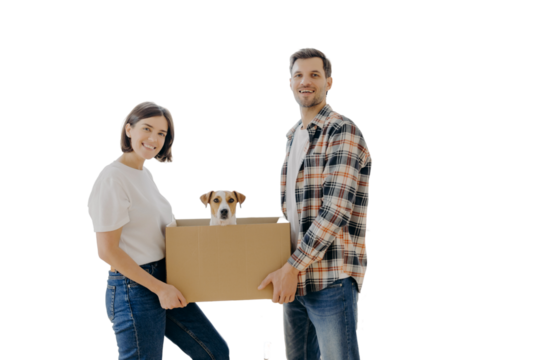 Happy family couple hold carton box with small puppy, stand indoor against big window, glad to become homeowners, unpack things in own apartment, looks gladfully at camera. Family moving day - Powered by Adobe