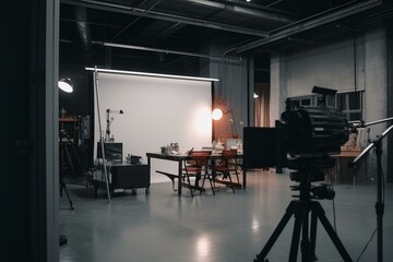 Contemporary movie set with white screen, created by computer graphics, 3d modeling and rendering process. Generative AI