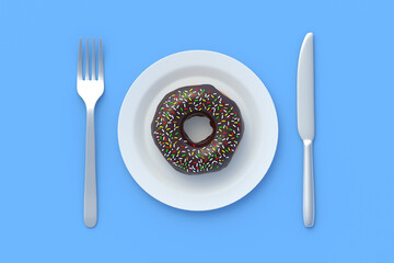 Donut on plate near fork and knife. Fast food concept. Food delivery. Unhealthy snack. Top view. 3d render