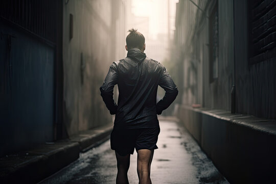 Back view of male runner jogging with copy space	