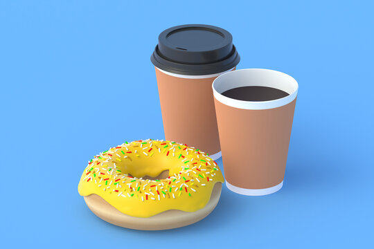 Donut near cups with coffee. Fast food concept. Food delivery. Unhealthy snack. 3d render