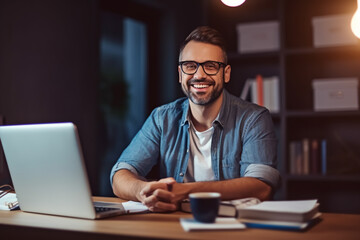 Man sitting smiling at computer laptop and looking into camera - subject home office, study or self-employed - Generative AI