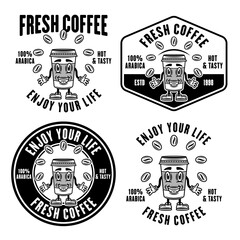 Coffee shop set of vector monochrome emblems, badges, labels or logos with smiling paper cup isolated on white background