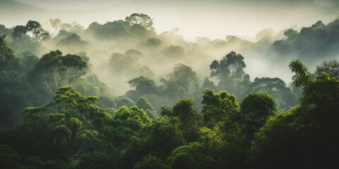 Rainforest landscape with green trees and fog in the morning - theme conservation, climate change and renewable energy - Generative AI  - 596336175