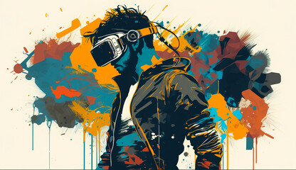 Abstract mixed grunge colors Futuristic man wearing virtual reality headset at cyber space background. Digital painting art of cat in multi colors style. Digital illustration generative AI.