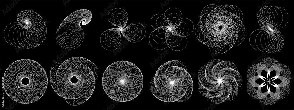 Poster Set of abstract white design elements. Geometric shapes on a black background. Circle in a spiral with lines as an icon, logo or design element. Vector illustration EPS 10