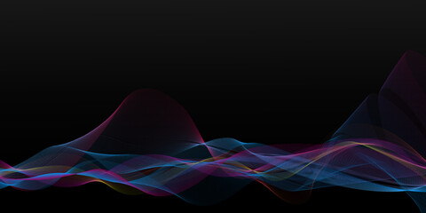 Dark abstract background with bright colorful waves. Shiny moving line design element. Modern blue red purple pink yellow green gradient flowing wave line. Futuristic technology concept.