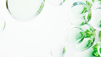 清潔な白い空間に浮かぶ泡, アブストラクトなグリーンのバブルの背景素材, 3Dレンダリング - obrazy, fototapety, plakaty