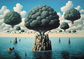 surreal seascape with trees floating in air, generative ai