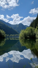 Panoramic view of a mountain lake in a natural landscape. Generative AI
