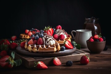 Homemade waffles topped with fresh strawberries, mixed berries, ice cream, and drizzled with chocolate. Generative AI