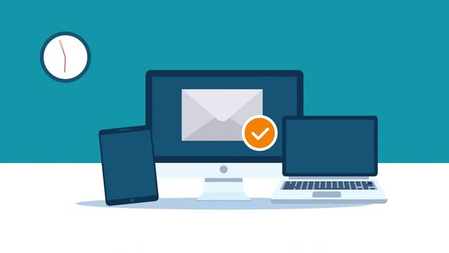 email animation with orange check mark icon.Responsive website displaying on different digital devices, including desktop, laptop, tablet and clock, 2d animation, motion animation.