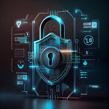 Encrypted data vault. Cyber security and online data protection on internet. HUD holographic secure access system interface with lock icon. Cybersecurity, privacy, network technology.
