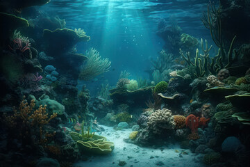 Naklejka premium Underwater panorama of the coral world. coral reef ocean light underwater. Generative AI