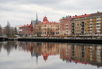 View on buildings and the Immanuels church (1900) at the waterside of the river Nissan in Halmstad, hlland, Sweden