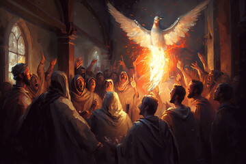 Colorful depiction of the Holy Spirit descending on the apostles on Pentecost - obrazy, fototapety, plakaty