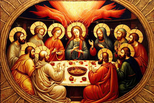 Medieval Painting of Pentecost with Disciples and Doves