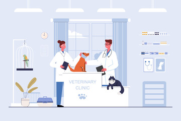 Veterinarian and doctor with dog and cat on counter in vet clinic. Vector illustration flat cartoon - obrazy, fototapety, plakaty