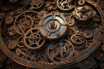 many old rusty metal gears or mechanical watch machine parts .close up of mechanical watch parts . Generative AI
