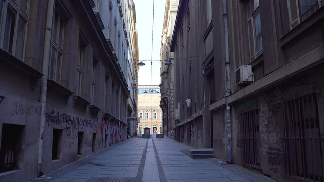 Narrow street in the city centre. Belgrade, Serbia - April 2, 2023.