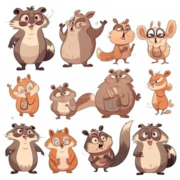animal character sheet, cartoon style, cute, character design, multiple poses and expressions, isolated on white background. generative ai
