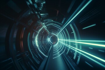 A 3D tunnel of abstract futuristic design that depicts a warp speed journey through space. Generative AI