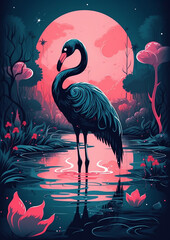 black flamingo in the water in lush vegetation , generative ai