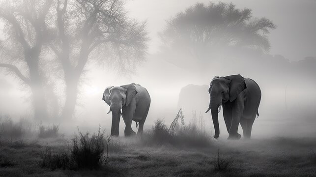 elephants in the middle of a fog, in the style of white and gray, angura kei, photographic source, generative ai
