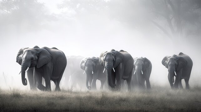 elephants in the middle of a fog, in the style of white and gray, angura kei, photographic source, generative ai