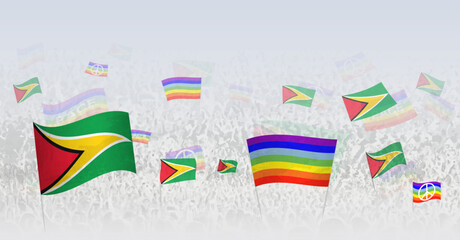 People waving Peace flags and flags of Guyana. Illustration of throng celebrating or protesting with flag of Guyana and the peace flag.