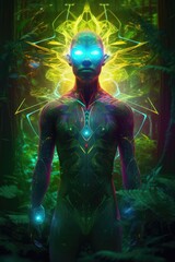 Fototapeta premium futuristic human, third eye, detailed mystic, 7 chakras in the body, full body, surrounded by nature, forest, detailed expression, neon and led, ultradimensional, generative ai