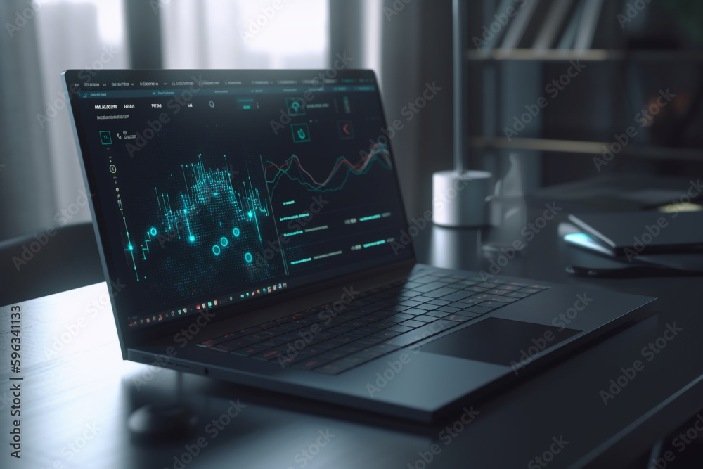 Poster computer on a table laptop with a data analytics dashboard, generative ai