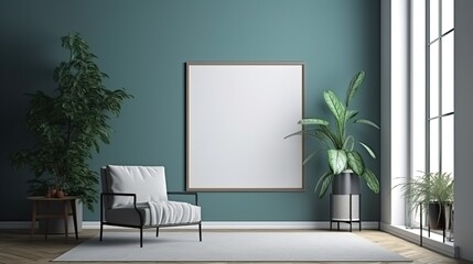 living room with a blank empty painting frame on a wall with a 2 inch frame, colors: blue, white, focus on the picture, 24mm lens, realistic, design, commercial, plants, furniture, generative ai