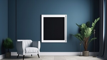 living room with a blank empty painting frame on a wall with a 2 inch frame, colors: blue, white, focus on the picture, 24mm lens, realistic, design, commercial, plants, furniture, generative ai
