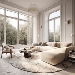 Modern living room, white furniture, floor-to-ceiling window, in the style of realistic and hyper-detailed renderings, unreal engine 5, light bronze and beige, panoramic scale, generative ai
