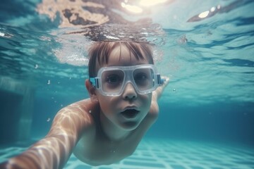 Naklejka premium Underwater portrait of a little boy swimming in the pool with goggles. Generative AI