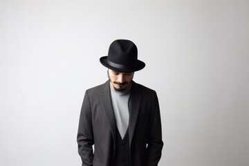 Handsome man wearing a black suit and hat on white background, Generative AI