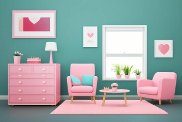 living room in pink and light green, 3D modeled