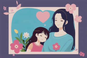 flat illustration of mother and her daughter, mother's day illustration