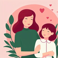 flat illustration of mother and her daughter, mother's day illustration