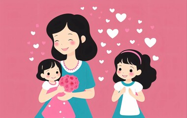 Illustration of mother and her daughters, Mother's Day illustration