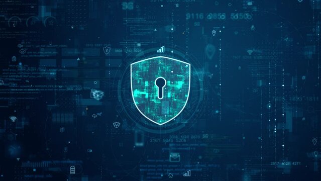 Motion graphic of Blue digital security shield logo and futuristic circle HUD with big data processed on grid line background and technology ai icon screen abstract background network secure concepts